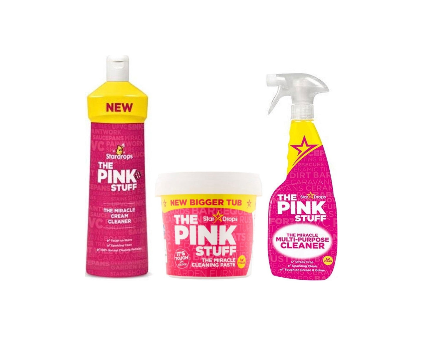 Stardrops Pink Stuff komplekts - Krēma tīrītājs 500ml + Pink Stuff pasta 850g + Multi Allesreiniger izsmidzināms līdzeklis 750ml